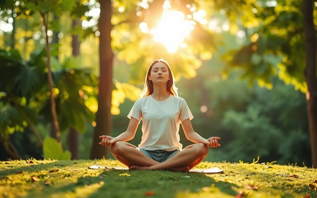 O persoană meditând într-un peisaj natural luxuriant, simbolizând echilibrul și pacea interioară.