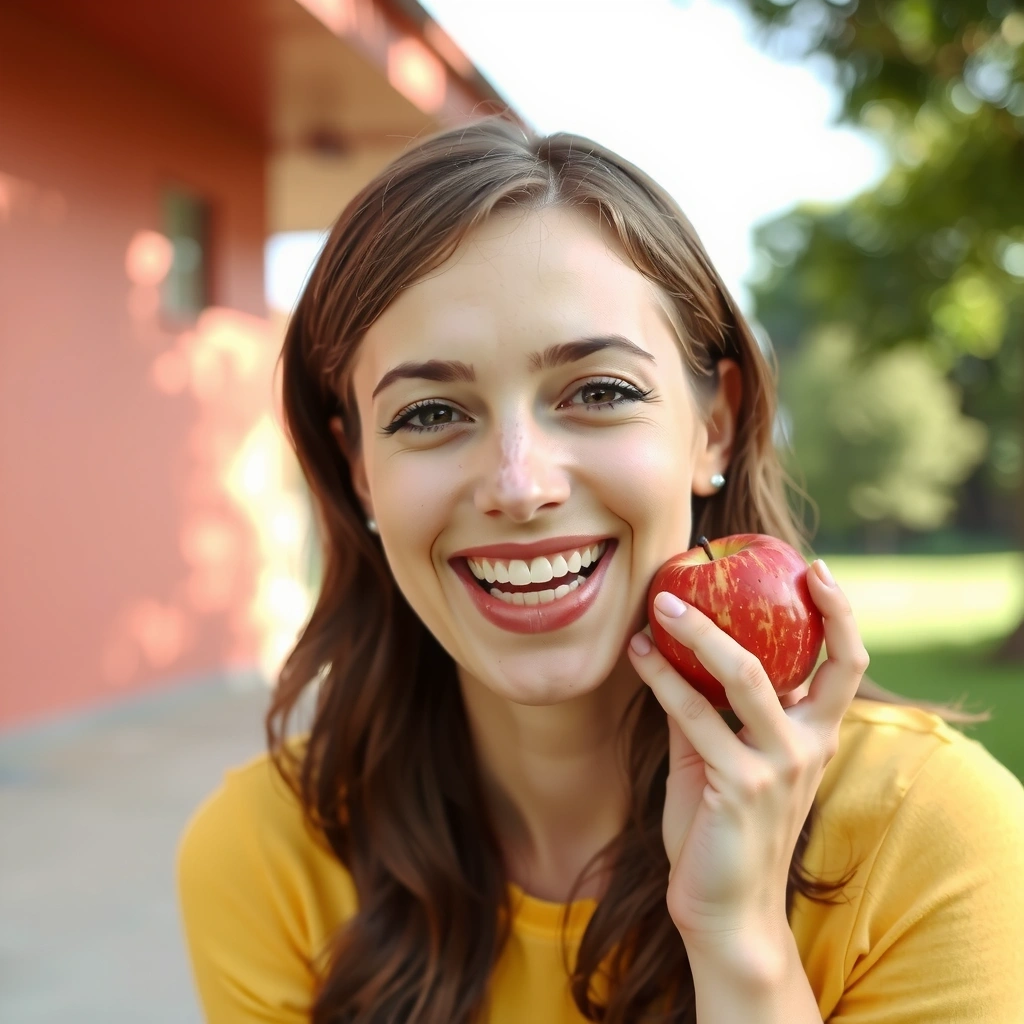 Femeie zâmbind, mâncând un măr, simbolizând sănătate și vitalitate